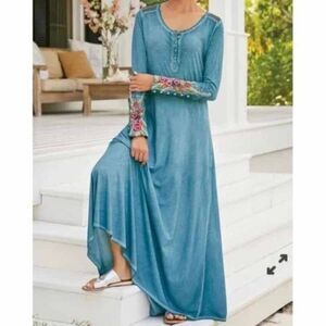 Soft Surroundings Dress Sz Petite Large Blue Embroidered Maxi Boho Crochet